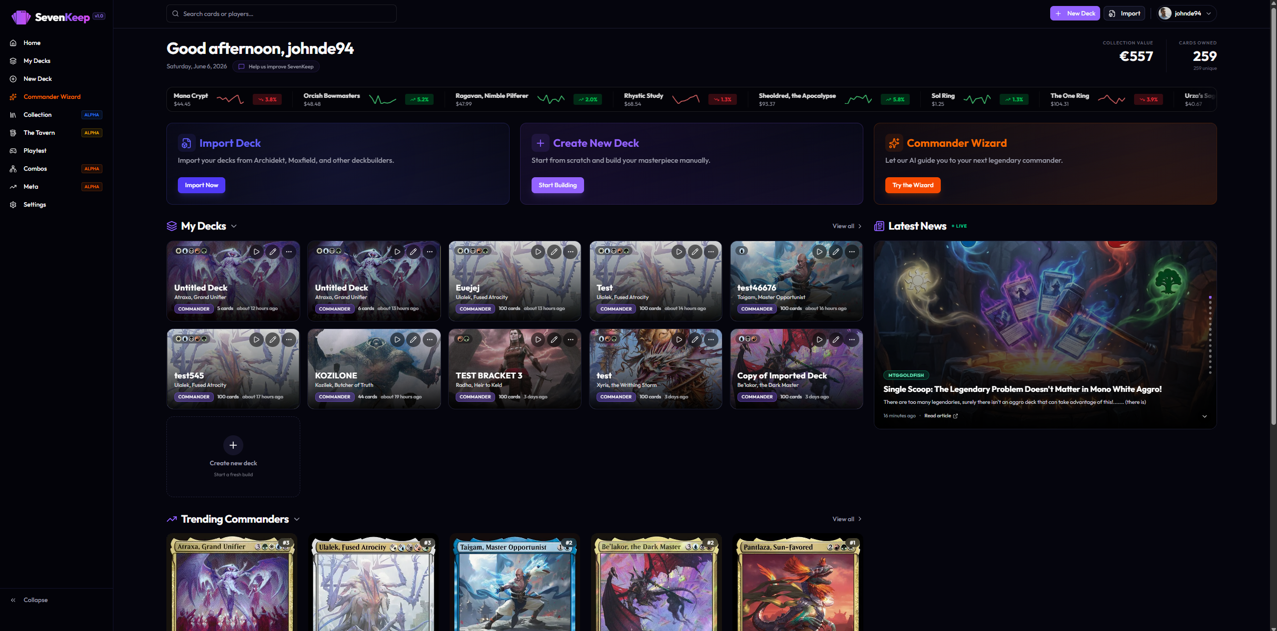 Manaforge home dashboard with collection value and price ticker